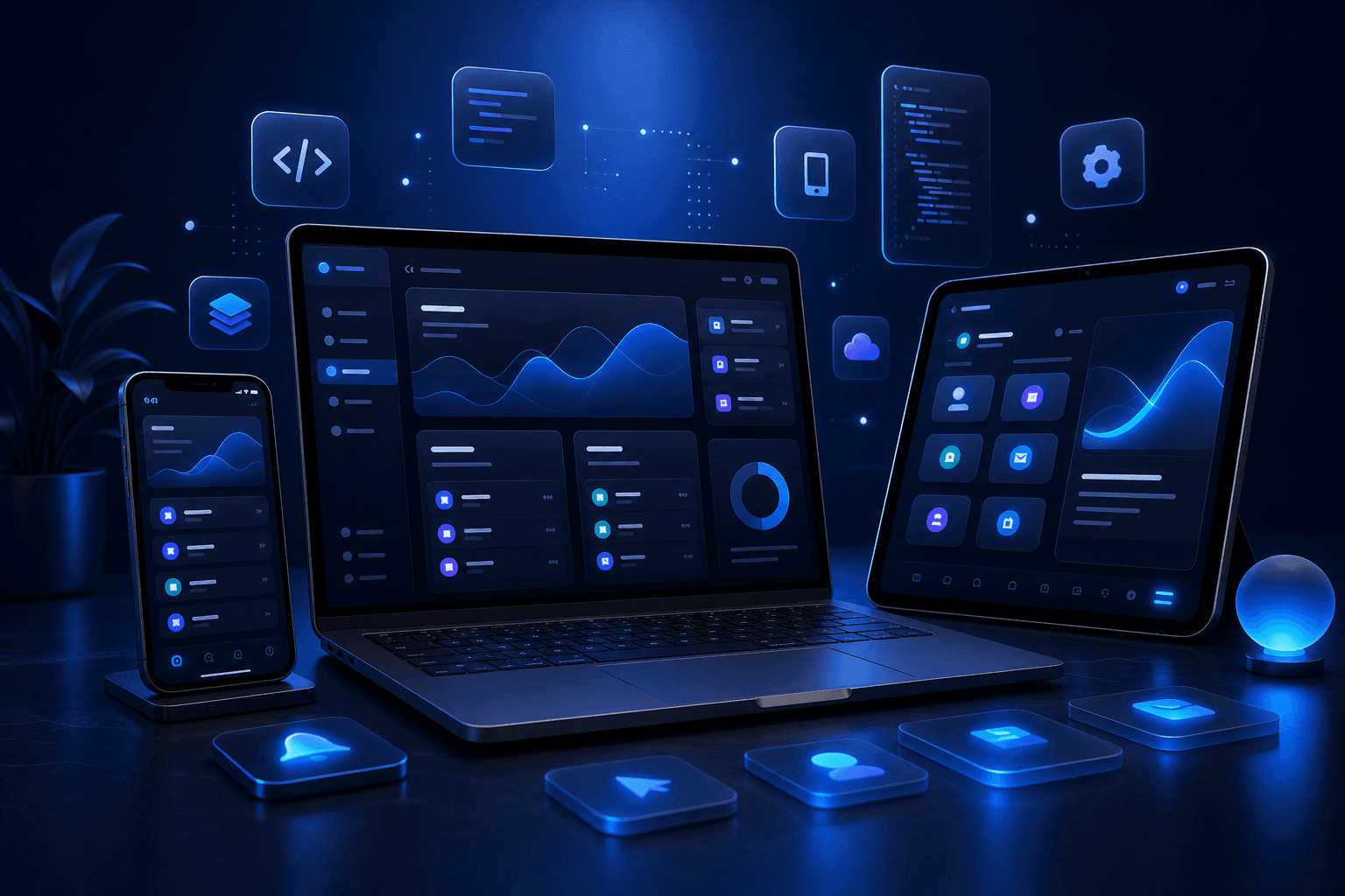 Dark technology workspace with laptop, tablet, mobile app screens, and floating digital product elements