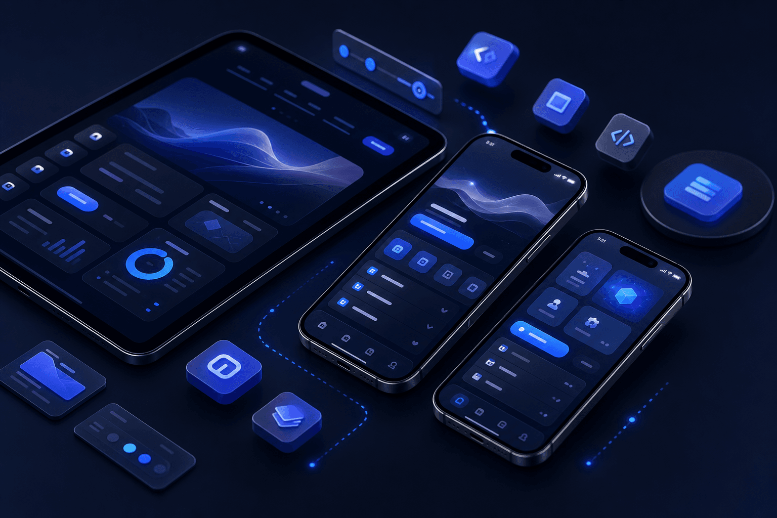 Premium mobile application design scene with smartphones, tablet, floating app icons, and dark blue interface visuals