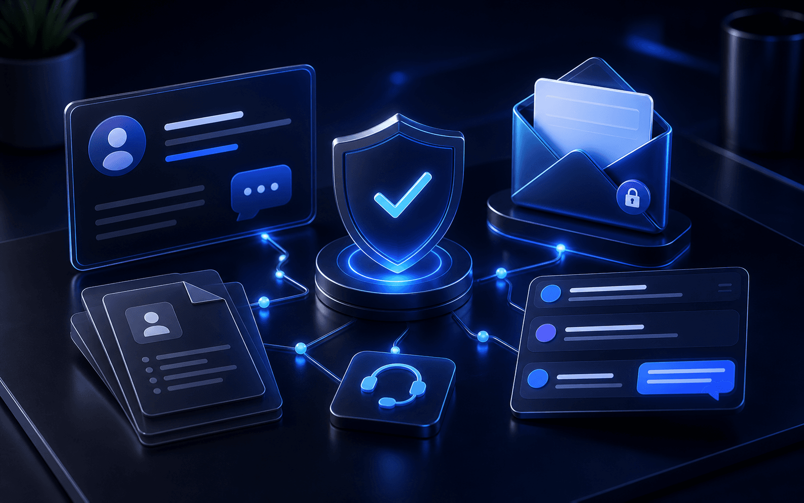 Secure digital support system with shield, email, document, and chat objects on a dark technology desk